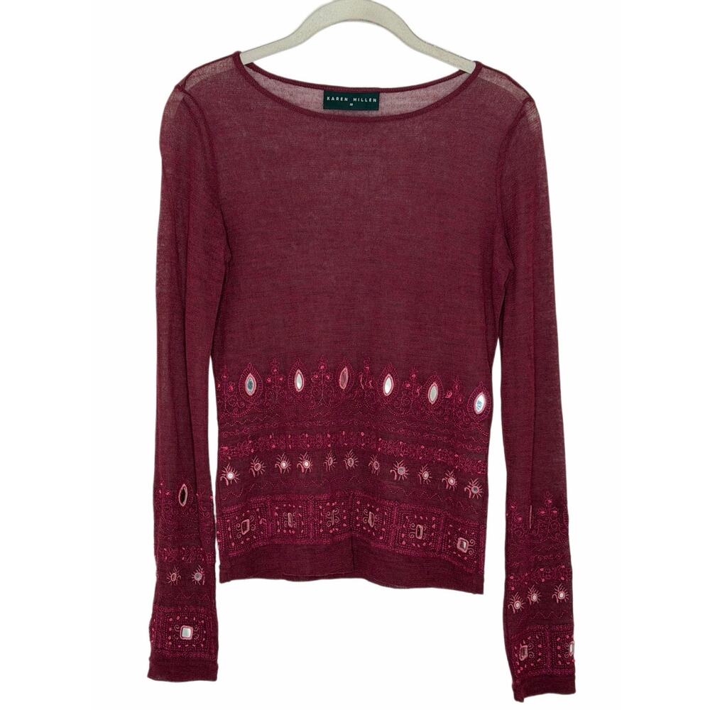 Karen Millen Women's Maroon Embroidered Mesh Sheer Boho Blouse Size 10 - Picture 1 of 10